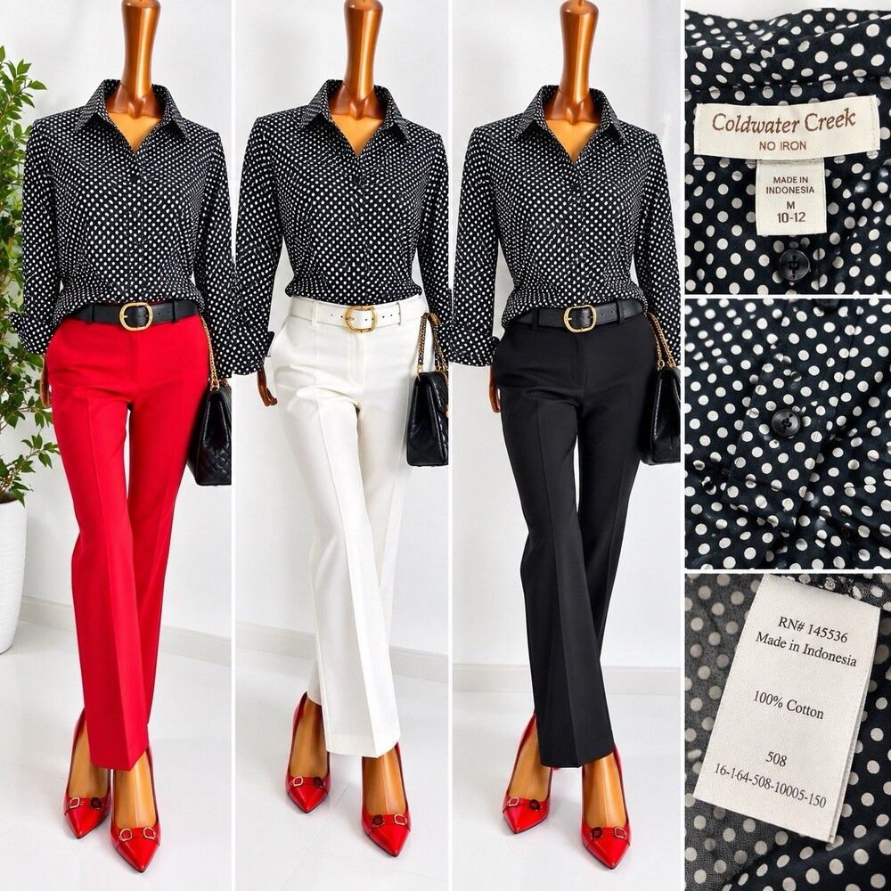 Coldwater Creek Top Womens Medium 10/12 Sheer Blouse Polka Dot Long Sleeve